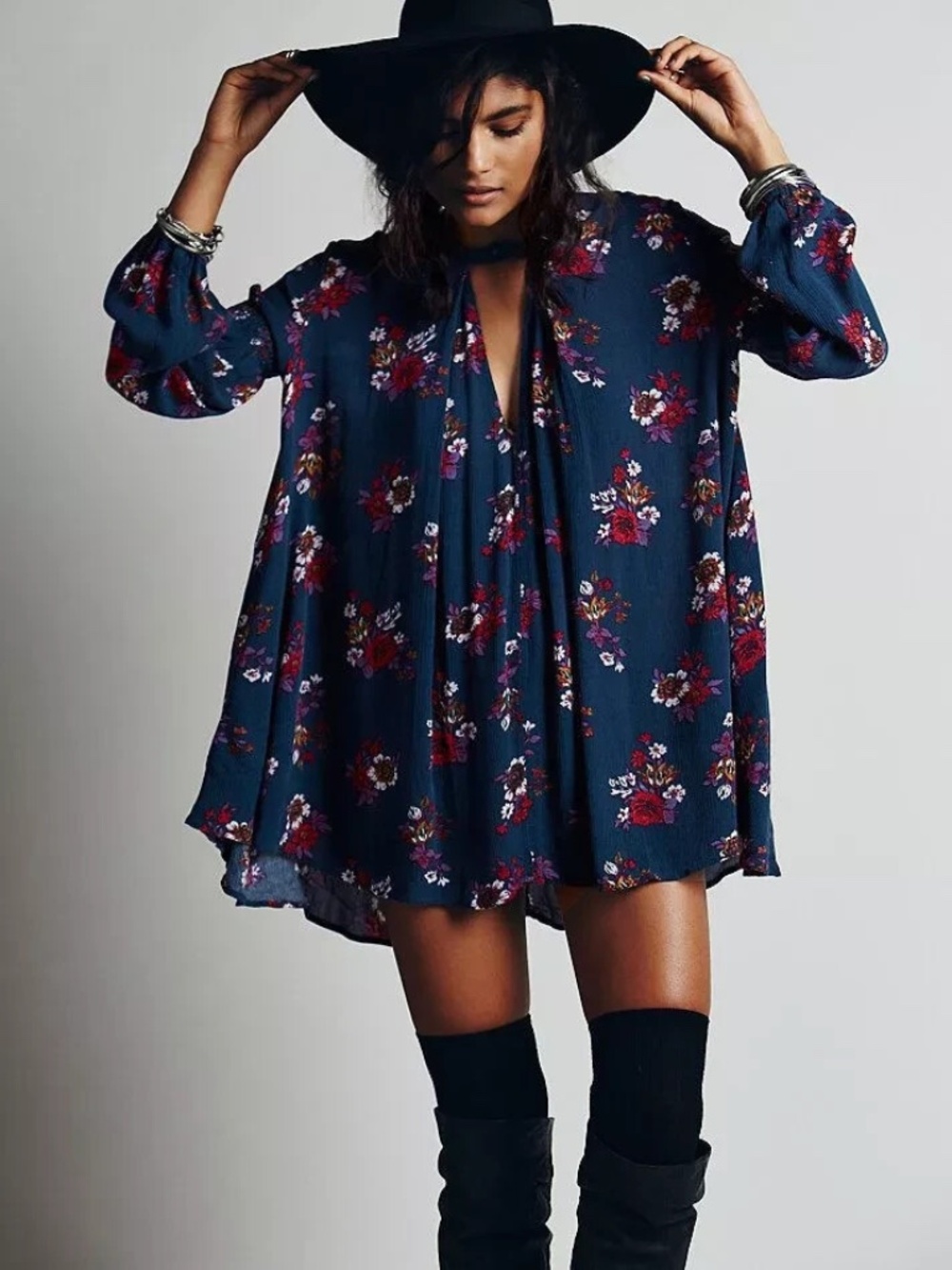 Free People Bluegreen Kimono Tunic Top Mini Boho Floral Festival Dress